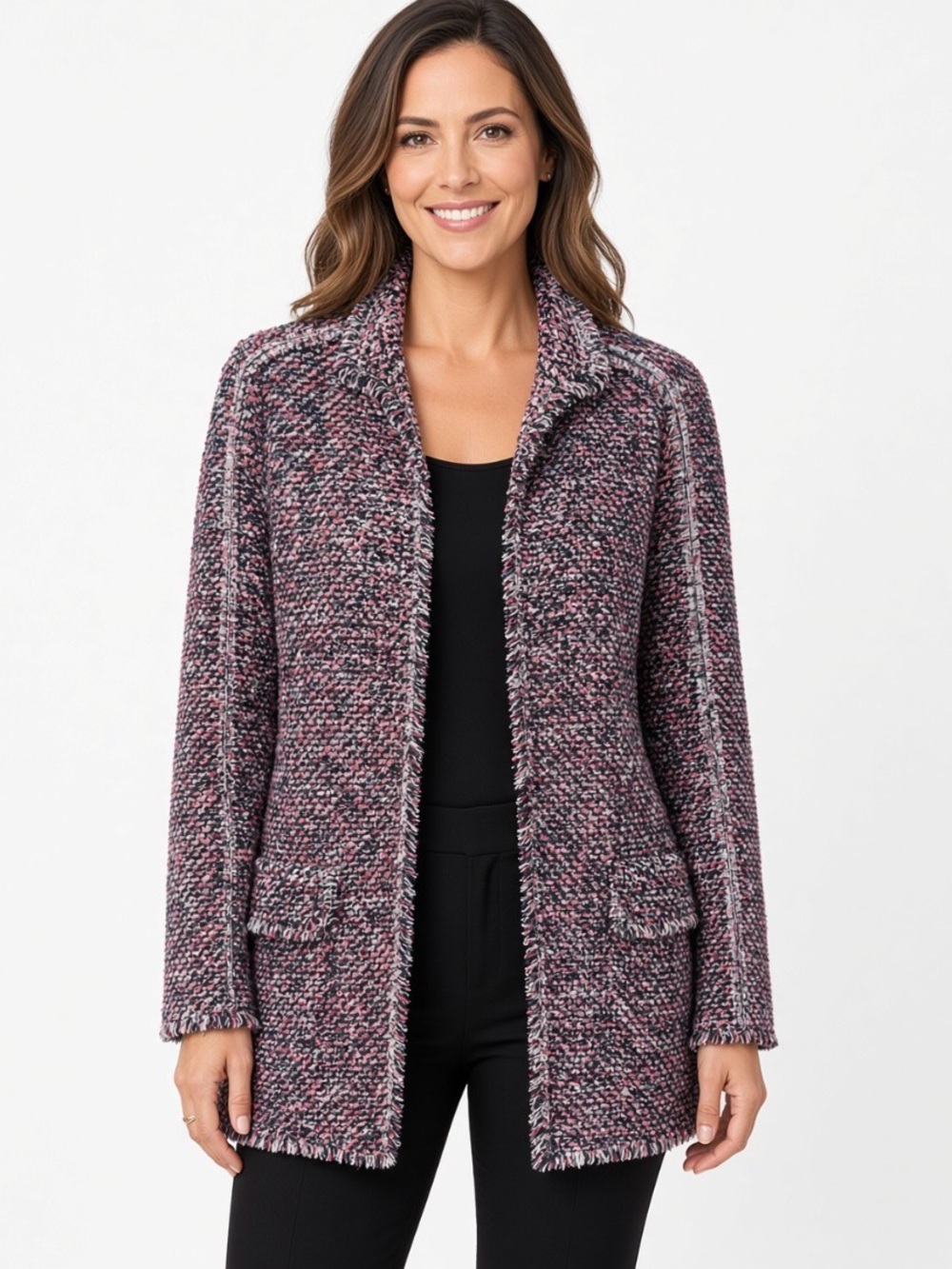 Chico’s Size 2P Petite Tweed Jacket Open Front Frayed Pink Navy-button missing
